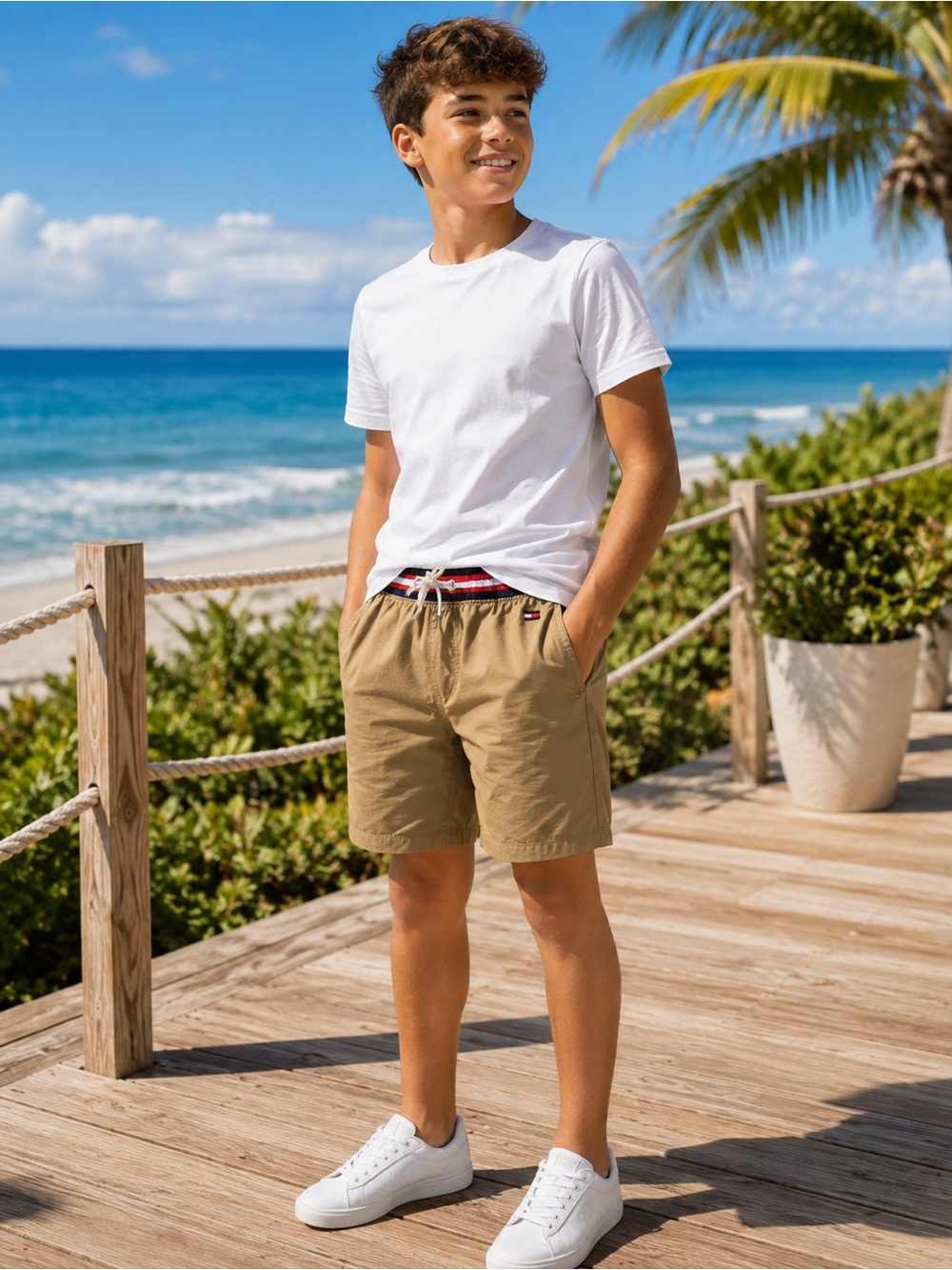 Tommy Hilfiger Boys White Tee with Tan Shorts